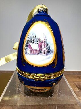 Vintage Mr Christmas Blue Ornament Music Box Trinket Box Egg Shaped In Box